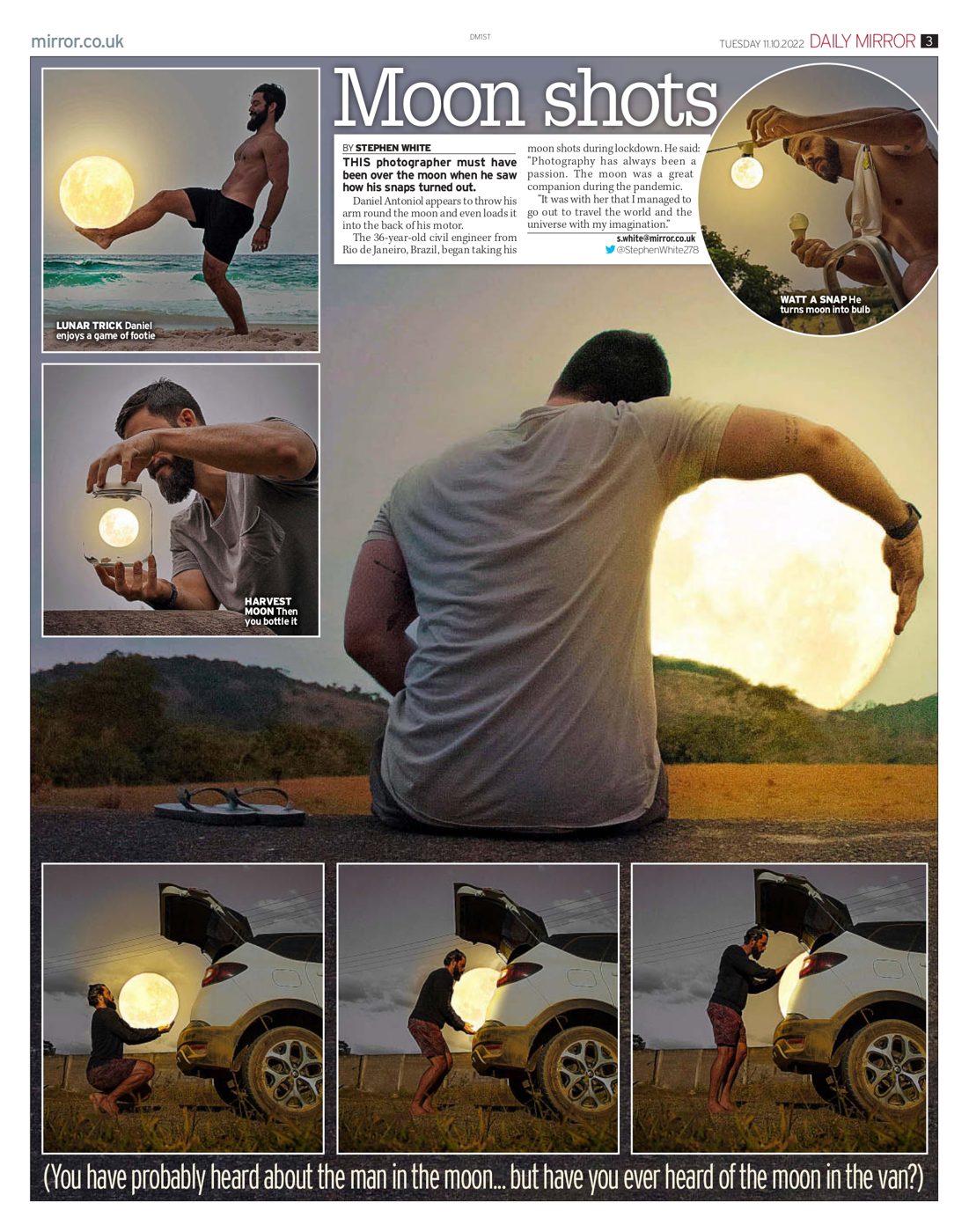 Daily Mirror page 3, 11 October 2022: feature titled Moon shots with six photographs by Daniel Antoniol